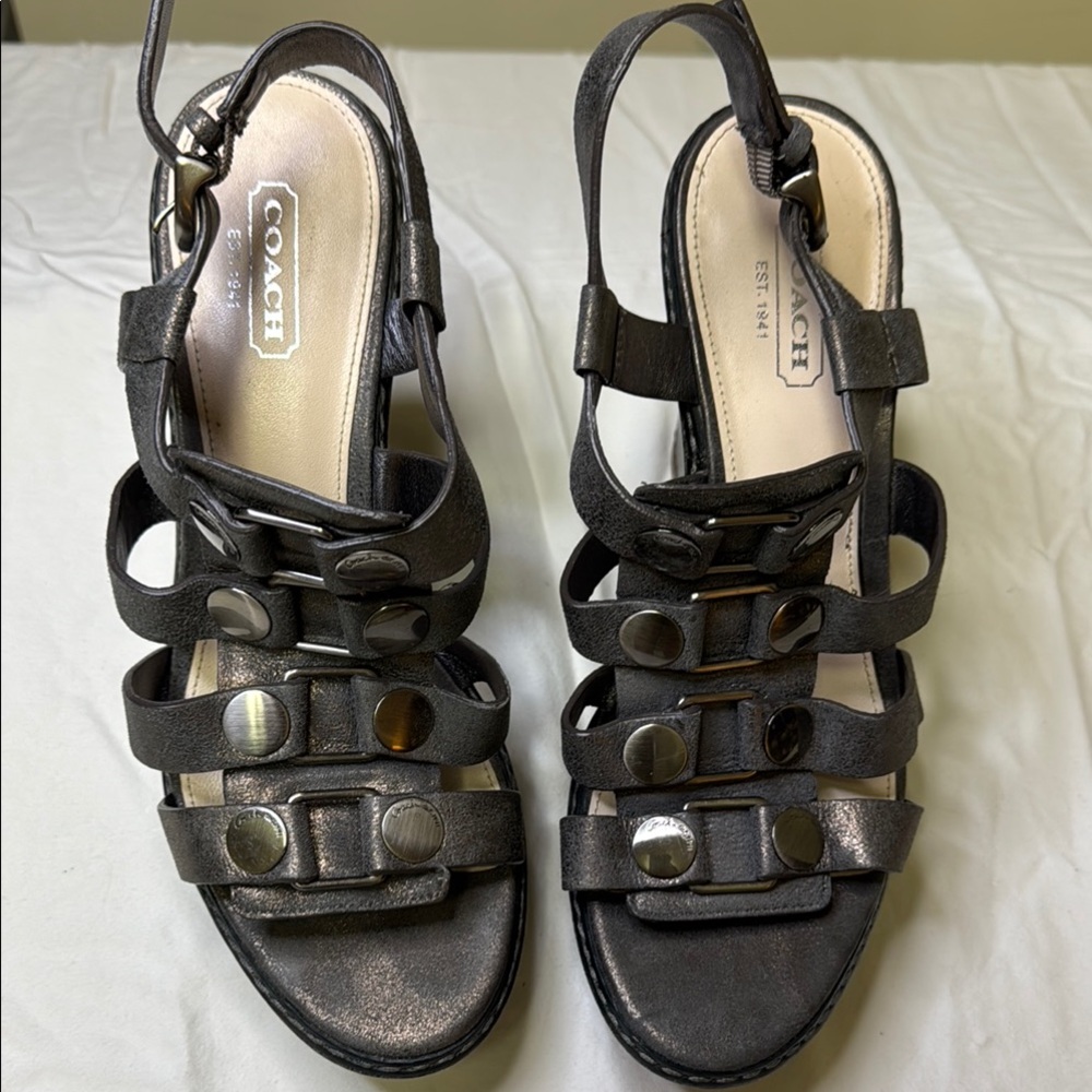 Coach metallic leather gladiator studded Wedge Sandals size 7
